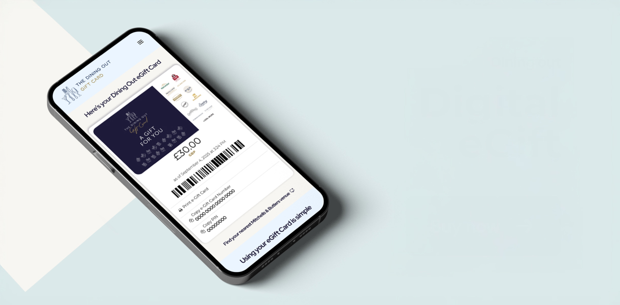 A mobile phone showing a Dinging Out e-gift card on the screen.