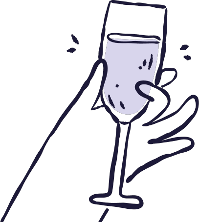 A graphic depicting a hand holding a champagne glass. 